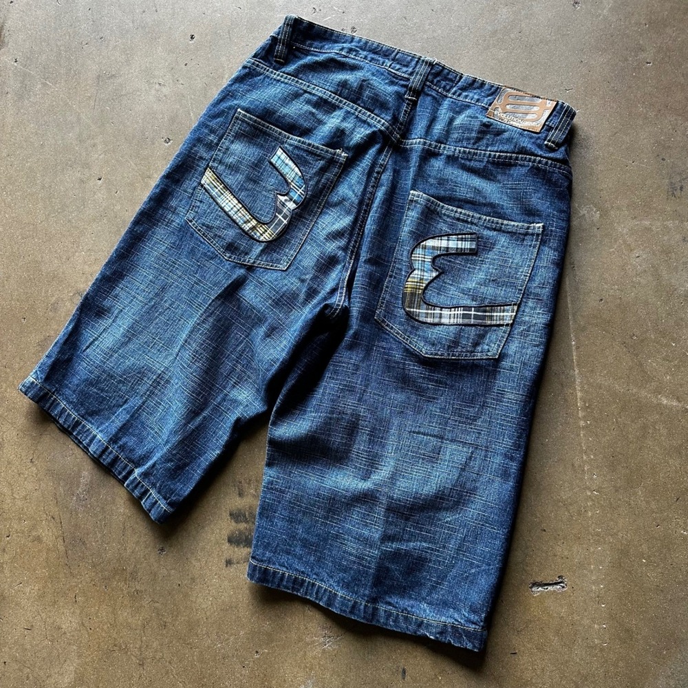Evolution In Design Mens Baggy Denim Shorts Blue Plaid Logo Size 36 Streetwear